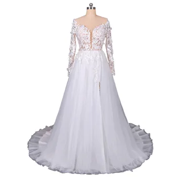 LSDZ22 Baltas Paprastas, Patrauklus, V-Kaklo, ilgomis Rankovėmis Tulled Vestuvių Suknelė 2020-Line Mygtuką Atgal Appliques