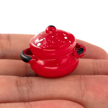 3Pcs 1/12 Miniatiūriniai Lėlių Priedai Mini Dervos Raudonos Sriubos Puodą Modeliavimas Virtuvės Įrankiai, Modelis Doll House Dekoro