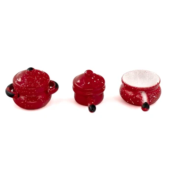 3Pcs 1/12 Miniatiūriniai Lėlių Priedai Mini Dervos Raudonos Sriubos Puodą Modeliavimas Virtuvės Įrankiai, Modelis Doll House Dekoro