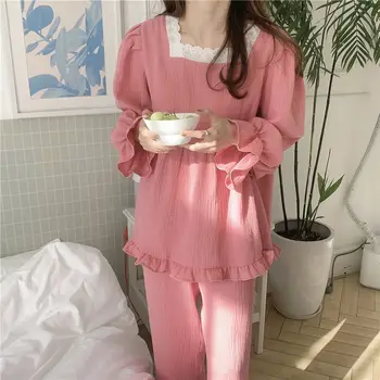 QWEEK korėjos Namų Kostiumai, Moterims, Pavasarį, Rudenį 2021 Pižama Mergaitėms Nėrinių Pyjama Rinkiniai Aikštėje Apykaklės Pijamas ilgomis Rankovėmis naktiniai drabužiai