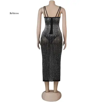 Gražus Krištolas Dygliuotos Midi Suknelė Moterims Sparkle Spagetti Dirželiai Bodycon China Šalis Suknelė Chirstmas Komplektai