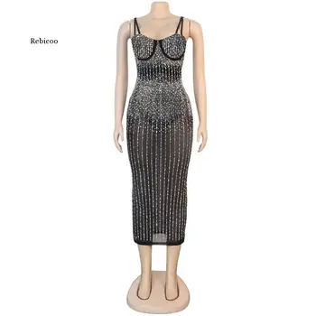 Gražus Krištolas Dygliuotos Midi Suknelė Moterims Sparkle Spagetti Dirželiai Bodycon China Šalis Suknelė Chirstmas Komplektai