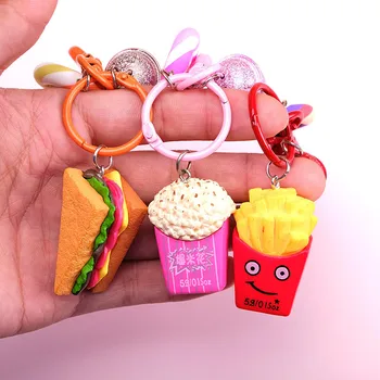 KOMi Rankų darbo Imitavimo Hot Dog paketų prižiūrėtojų raktinę Tortas Sandwich paketų prižiūrėtojų raktinę Bulvytės Pūsti Hamburger Keychains Pakabukas Maisto porte-clés