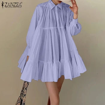 Atsitiktinis Kietas ilgomis Rankovėmis Sundress ZANZEA Moterų Pynimas Suknelė 2021 M. Rudens-line Mini Vestidos Elegantiškas Plisuotos Atvartas Femininas