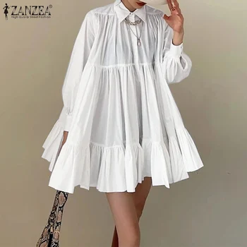 Atsitiktinis Kietas ilgomis Rankovėmis Sundress ZANZEA Moterų Pynimas Suknelė 2021 M. Rudens-line Mini Vestidos Elegantiškas Plisuotos Atvartas Femininas
