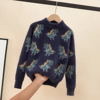 Berniukų ir mergaičių megztinis Šiltas megztiniai berniukams ir mergaitėms su dinozaurų animacinių filmų fragmentais žiemos megztiniai ir megztiniai