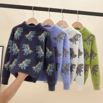 Berniukų ir mergaičių megztinis Šiltas megztiniai berniukams ir mergaitėms su dinozaurų animacinių filmų fragmentais žiemos megztiniai ir megztiniai