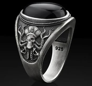 Derliaus Vikingų Stiliaus Sidabro Padengtą Žiedai Vyrams, Ovalo formos Juodasis Akmuo Kaukolė Stambusis Piršto Žiedą, Punk, Gothic Žiedas Vyrų Papuošalai Dovana