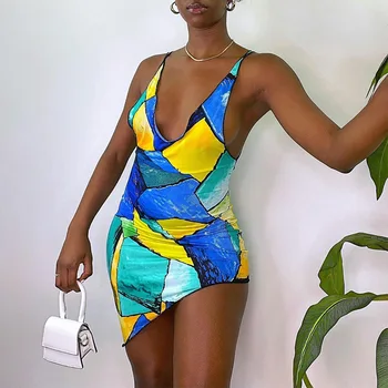 2021 Rankovių Y2K Derliaus Spausdinimo Seksuali Mini Suknelė Vasaros Moterų Mados Streetwear Komplektus Šalies Elegantiškas Drabužiai