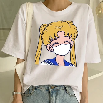 Naujas Mados Vasaros Moterų Marškinėliai Harajuku Trumpas Rankovės Įdomus Ulzzang Cute Cat Tee Marškinėliai Animacinių Filmų Top Moterų Sailor Moon Marškinėliai