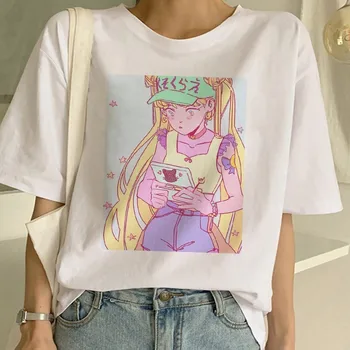 Naujas Mados Vasaros Moterų Marškinėliai Harajuku Trumpas Rankovės Įdomus Ulzzang Cute Cat Tee Marškinėliai Animacinių Filmų Top Moterų Sailor Moon Marškinėliai