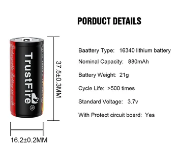 TrustFire 16340 Ličio Baterija 3.7 V 880Mah CR123A Li Jonų Baterijų, elementas su Spenelių Top Žibintuvėlį Žibintuvėlis Šviesos