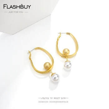 Flashbuy Naujas Dizainas, Aukso Spalvos Auskarai Moterų Kūrybos Perlų Matinis Vario Lydinio Kamuolys Geometrinis Hoopas Auskarai Bižuterijos