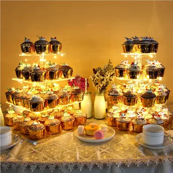 Konditerijos stovėti 4-sluoksnis akrilo cupcake stendas su LED šviesos eilutę desertas medžio bokštas Tinka gimtadienio/vestuvės
