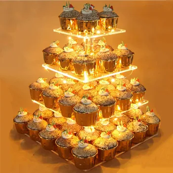 Konditerijos stovėti 4-sluoksnis akrilo cupcake stendas su LED šviesos eilutę desertas medžio bokštas Tinka gimtadienio/vestuvės