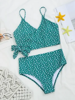 Seksualus Žalia Gėlių Spausdinti Bikini 2020 Besimaudančių Moterų Maudymosi Kostiumą Aukšto Juosmens Maudymosi Kostiumėlį Brazilijos Push Up Nėrinių Tvarstis Swimwearr