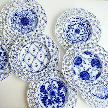 Paramos Keramikos Plokštės Tuščiaviduriai Iš Vaisių Salotos Dishs Mėlynos ir Baltos spalvos Porceliano Pietų Stalas, Pagrindinis patiekalas Indų, Virtuvės Indai, Dėklas