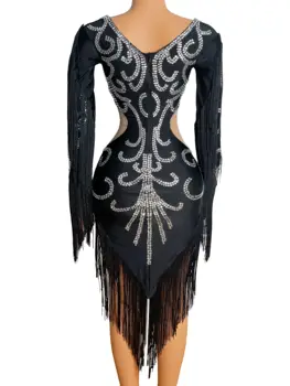 Sidabro Kalnų Krištolas Ilgomis Rankovėmis Pakraščiuose Spandex Suknelė Baras Moterų Šokėja Vakaro Apranga Gimtadienio Švęsti Lotynų Suknelė