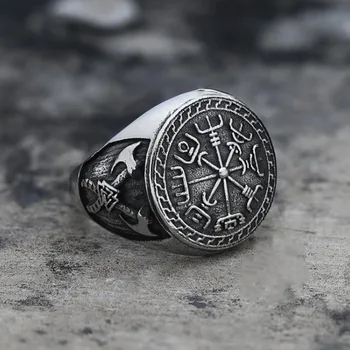 BUDROVKY Kompasas Religijos Serijos Žiedas Lydinio Viking Totem Žiedas Dvigubas Kirvis Vyrų Žiedas Juvelyriniai dirbiniai Didmeninė