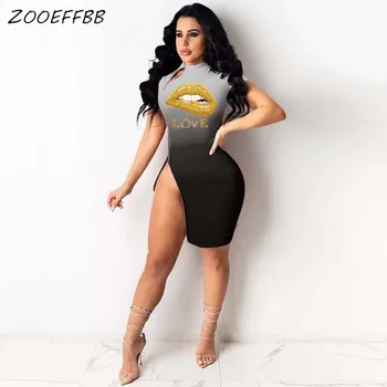ZOOEFFBB Seksualus Lūpų Mini Marškinėlius Suknelė Atostogų Komplektus 2021 Mados Moterų Estetinės Spausdinti Vasaros Drabužių Gimtadienio Padalinta Suknelė