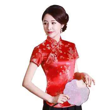 Cheongsam Viršuje Qipao 2021 Naujienos Moterų Kinijos Marškinėliai Trumpomis Rankovėmis Stovėti Apykaklės Dragon Phoenix Spausdinti Etninės Palaidinė Marškinėliai