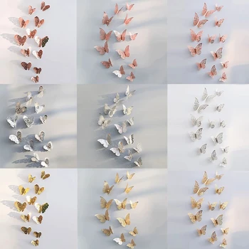 12 vienetų/set tuščiavidurių 3D drugelis sienų lipdukai vestuvių kambarį lango namų puošybai aukso, sidabro drugelis lipdukai