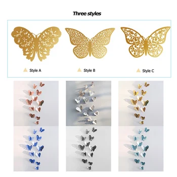 12 vienetų/set tuščiavidurių 3D drugelis sienų lipdukai vestuvių kambarį lango namų puošybai aukso, sidabro drugelis lipdukai