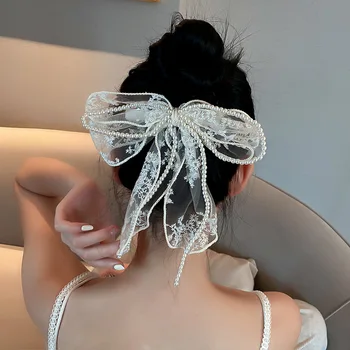 Korėjos Imitacija, Perlų Nėrinių Bowknot Plaukų Clips Moterims Didelių Gėlių prancūzijos Įrašų plaukų segtukai Merginos Plaukų Aksesuarai 2021