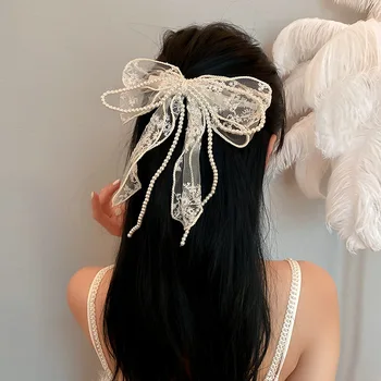 Korėjos Imitacija, Perlų Nėrinių Bowknot Plaukų Clips Moterims Didelių Gėlių prancūzijos Įrašų plaukų segtukai Merginos Plaukų Aksesuarai 2021
