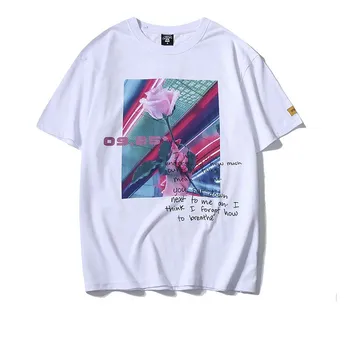 Vyrai Hip-Hop Laišką rose print T Shirt 2020 Streetwear Medvilnės Aukštos Kokybės Vasaros Harajuku Tee Pora Viršų