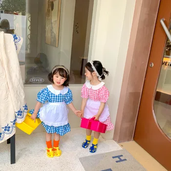 Nauja Stiliaus Vasaros Kūdikių, Mergaičių Suknelės Mielas Pledas Pynimas Suknelė Su Balta Kombinezonai Su Antkrūtiniais Suknelė Mergaitėms Medvilnės Bamblys Vaikams Drabužių