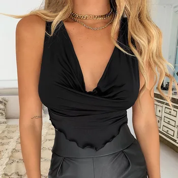 CNYISHE V Neck Bandage Women Crop Top Backless 2021 Ruched Summer T Shirt Sexy Shirts Black Party Casual Tops Female Tees Blusas