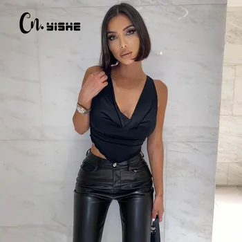 CNYISHE V Neck Bandage Women Crop Top Backless 2021 Ruched Summer T Shirt Sexy Shirts Black Party Casual Tops Female Tees Blusas