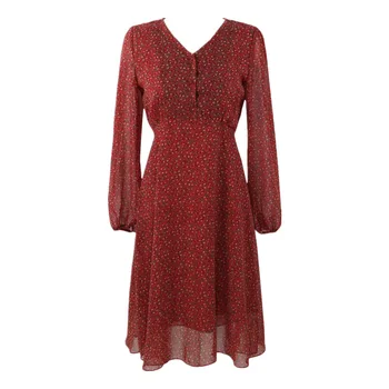 Korėjos Stiliaus Dizaino Drabužiai Pasakų Suknelės Temperamentas Lady Gėlių Spausdinti Peteliškę V Kaklo Raudona Ilgą Šifono Suknelę Mielas E929