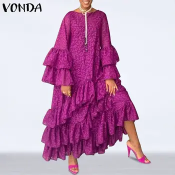 Vasaros Suknelė VONDA 2021 Blyksnius Rankovėmis Derliaus Spausdinti Ilgas, Maxi Suknelės Bohemijos Vestidos Paplūdimio Sundress Femme