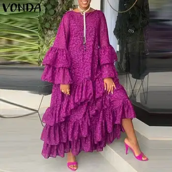 Vasaros Suknelė VONDA 2021 Blyksnius Rankovėmis Derliaus Spausdinti Ilgas, Maxi Suknelės Bohemijos Vestidos Paplūdimio Sundress Femme