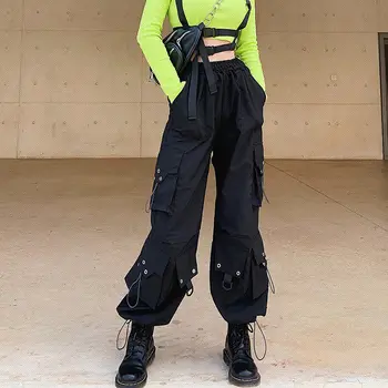 QWEEK Gotikos Krovinių Kelnės Moterims korėjos Mados Pavasario 2021 Harajuku Streetwear Negabaritinių High Waisted Laisvas Kelnes Moterų Goth