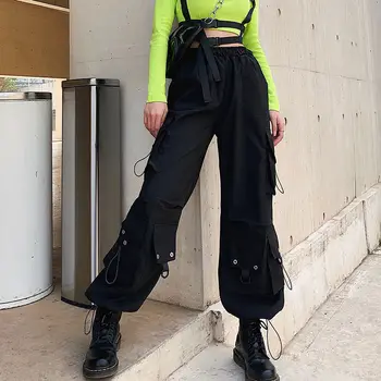 QWEEK Gotikos Krovinių Kelnės Moterims korėjos Mados Pavasario 2021 Harajuku Streetwear Negabaritinių High Waisted Laisvas Kelnes Moterų Goth