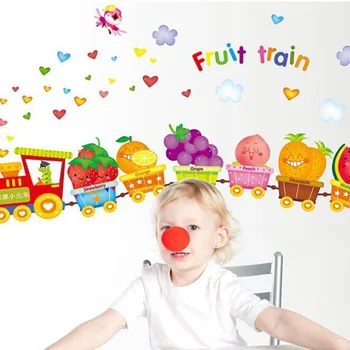Spalvinga vaisių traukinio sienų lipdukai vaikams kambariai namų dekoro lipni mokyklos darželio animacinių filmų sienos lipdukai