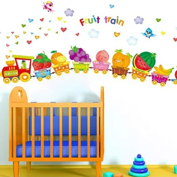 Spalvinga vaisių traukinio sienų lipdukai vaikams kambariai namų dekoro lipni mokyklos darželio animacinių filmų sienos lipdukai