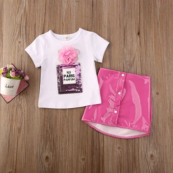 Mielas Vasaros Mados Bamblys vaikai Trumpas Rankovės 3D Gėlių Viršūnės T-Shirt Odinis Sijonas Baby Girl Apranga, Drabužiai