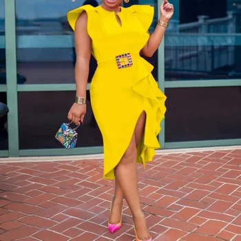Ryškiai geltonos moterų bodycon suknelė vasaros afrikos rose red šalies klubas vakarienė midi skraiste femme vestiods elegantiškas pynimas prašmatnus suknelė