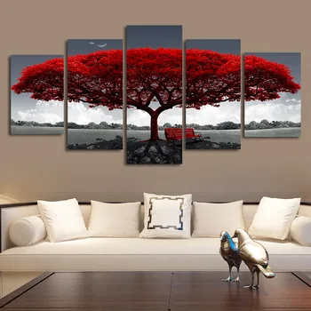 Raudonas Medis 5-rėmo Dažymo Šiuolaikinės Šeimos Kambarį Apdailos Drobė wu kuang hua xin Sienos Nuotraukas, už Kambarį