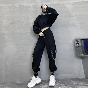 Gotikos Harajuku Juoda Krovinių Kelnės Moterims Punk Grandinės Kelnės Aukštu Juosmeniu Kelnės Negabaritinių Korėjos Mados Kelnės Streetwear