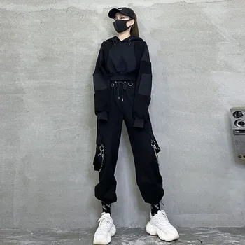 Gotikos Harajuku Juoda Krovinių Kelnės Moterims Punk Grandinės Kelnės Aukštu Juosmeniu Kelnės Negabaritinių Korėjos Mados Kelnės Streetwear