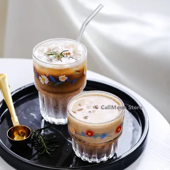 Japonų Stiliaus Daisy Gėlių Spausdinti Skaidrus Kūrybos Stiklo Kavos, Arbatos Gėrimai, Desertas Pusryčiai Pieno Taurės Stiklo Taures Drinkware