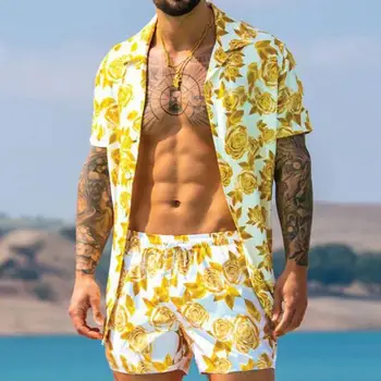 2vnt/Set Vyrų Tracksuit Paplūdimio Apranga Gėlių Spausdinti Vyrų Rinkiniai Trumpas Rankovės Atvartas Marškinėliai Šortai Vyrams Havajai Komplektus ropa hombre