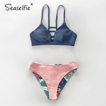SEASELFIE Laivyno ir Gėlių Strappy Bikini Rinkiniai Moterims Seksualus Bako Viršuje iš Dviejų dalių Maudymosi 2021 Mergaičių Maudymosi Kostiumai Biquini