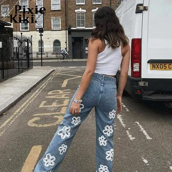PixieKiki Gėlių Spausdinti Baggy Jeans Streetwear Moterų Derliaus Estetinės Drabužius Y2k Pločio Kojų Kelnės Džinsinio audinio Kelnės P80-EI62
