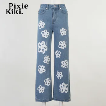PixieKiki Gėlių Spausdinti Baggy Jeans Streetwear Moterų Derliaus Estetinės Drabužius Y2k Pločio Kojų Kelnės Džinsinio audinio Kelnės P80-EI62